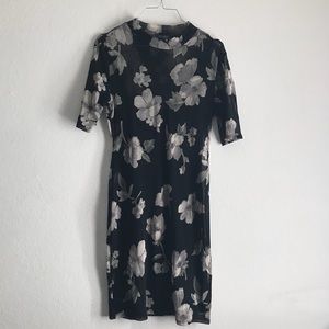 Black shirt sleeve flower dress with slip